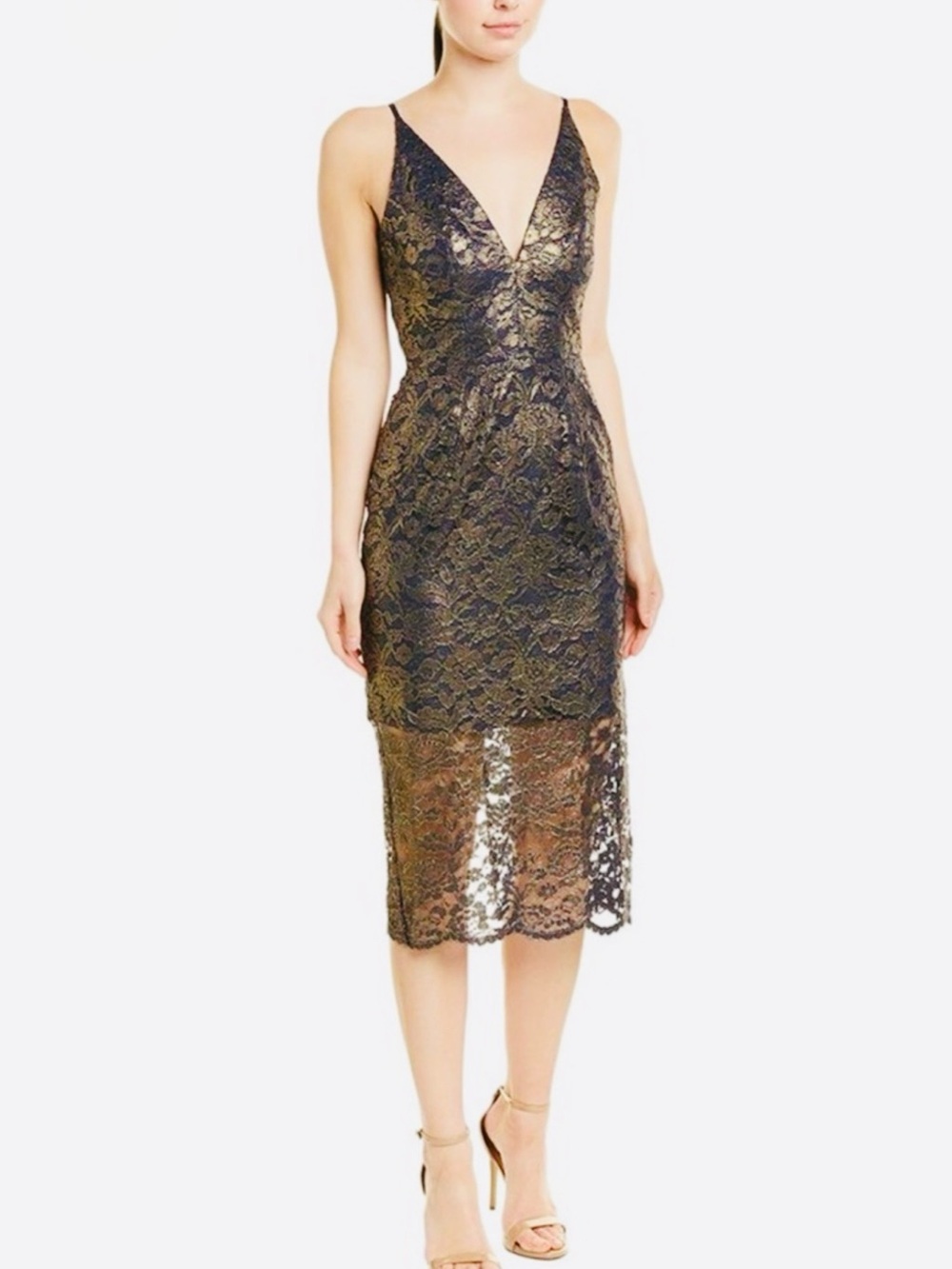 NWOT Dress the Population Navy Sleeveless Dress With Gold Lace Overlay - Size L